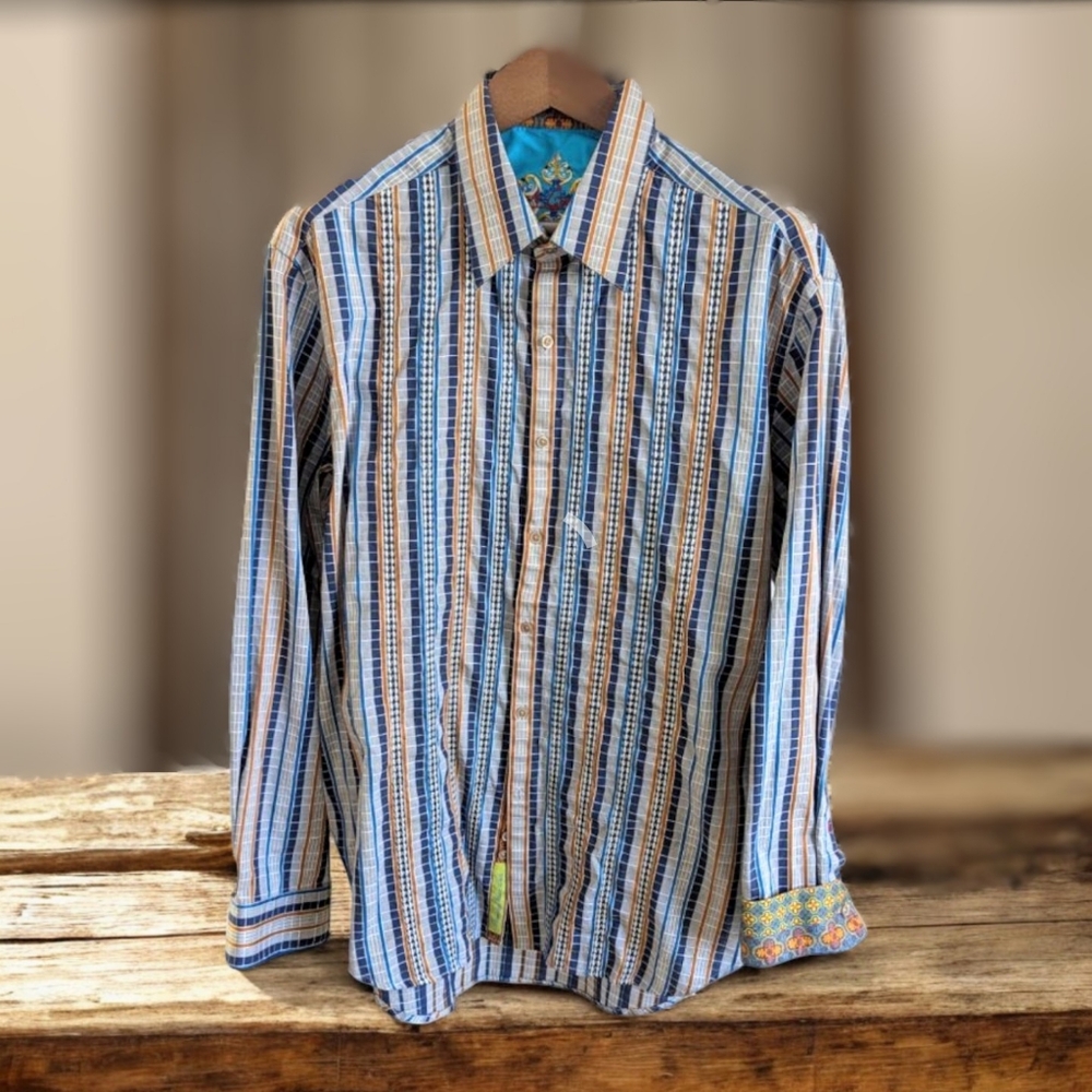 Robert Graham NWOT XL Navy & Burnt Orange Stripe Button Down Shirt Contrast Cuff - Picture 3 of 7
